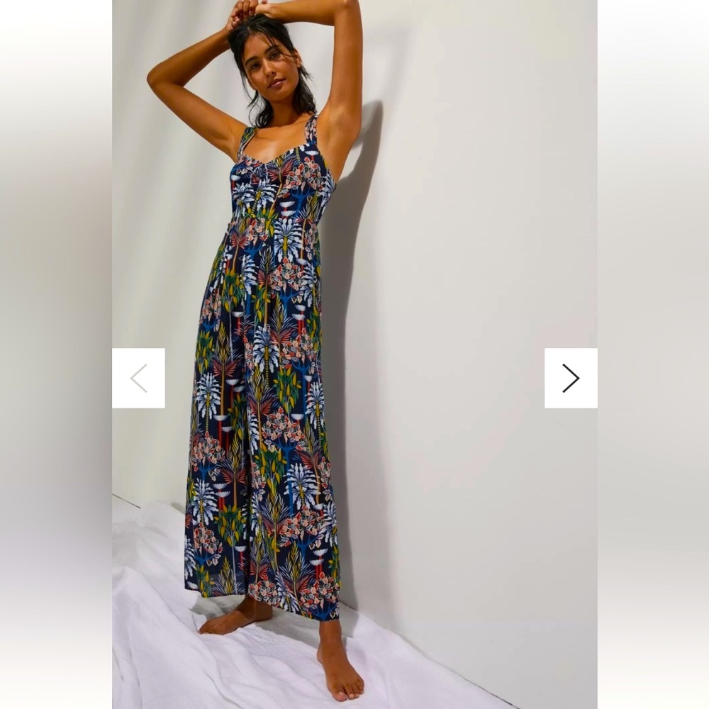 Anthropologie Navy Floral Wide-Leg Jumpsuit with Green & Pink Accents
